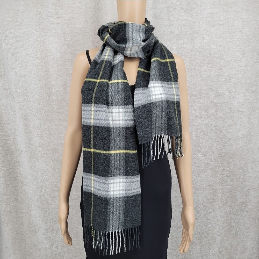 Lord & Taylor Scarf Plaid Gray Black Yellow Fringe Classic Preppy Germany